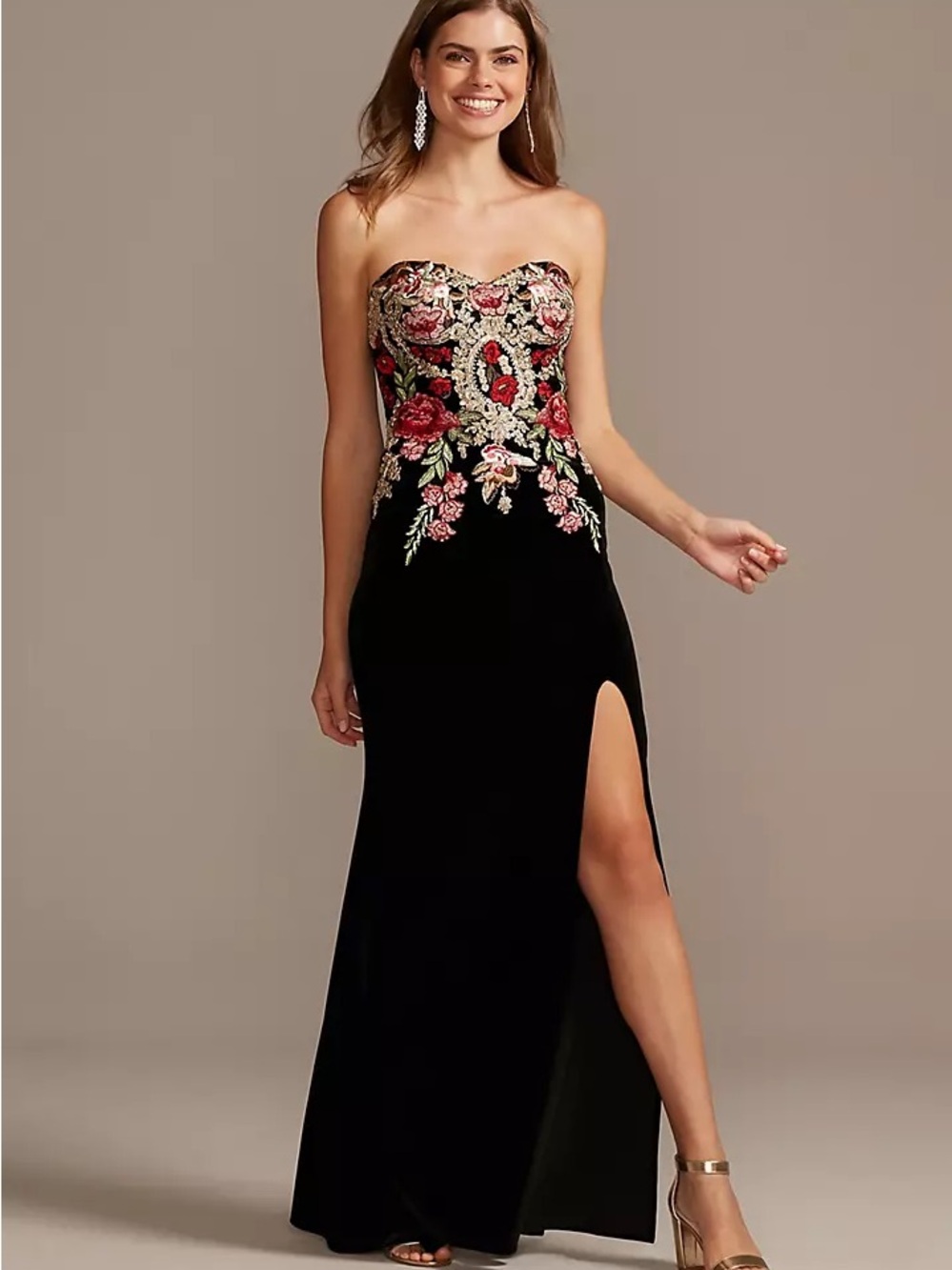 Blondie Nites David's Bridal Velvet Embroidered Strapless Gown Dress 17 NWT